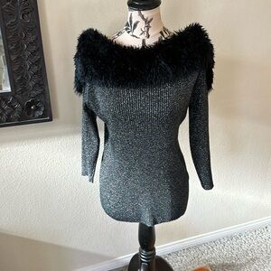 Lauren Michelle Black Fur and Metallic Thread Off the Shoulder Sweater